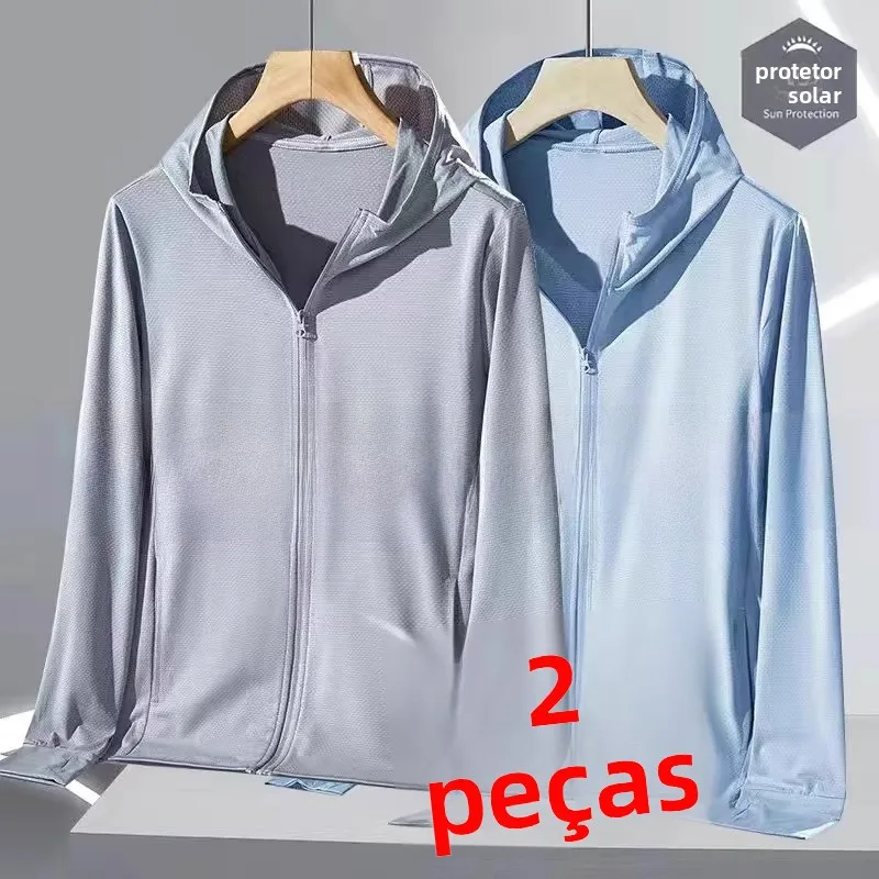 Jaqueta Masculina de Verão em Seda Gelada com Zíper, Secagem Rápida, Fina, com Capuz, Casual para Exterior, Cor Sólida, Versá...