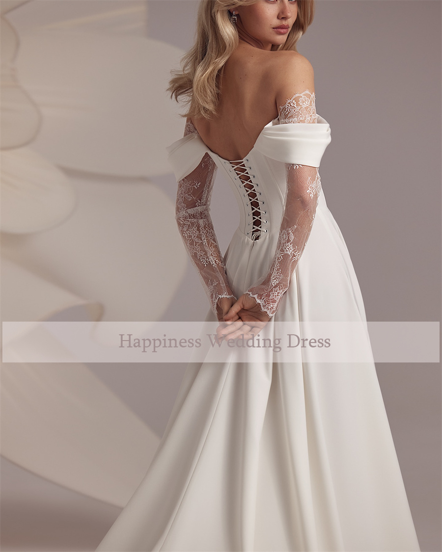 Disegni personalizzati con corsetto senza spalline Abito da sposa con maniche in pizzo a 3/4 A-Line Abiti da sposa con spacco frontale con lacci Abiti da sposa