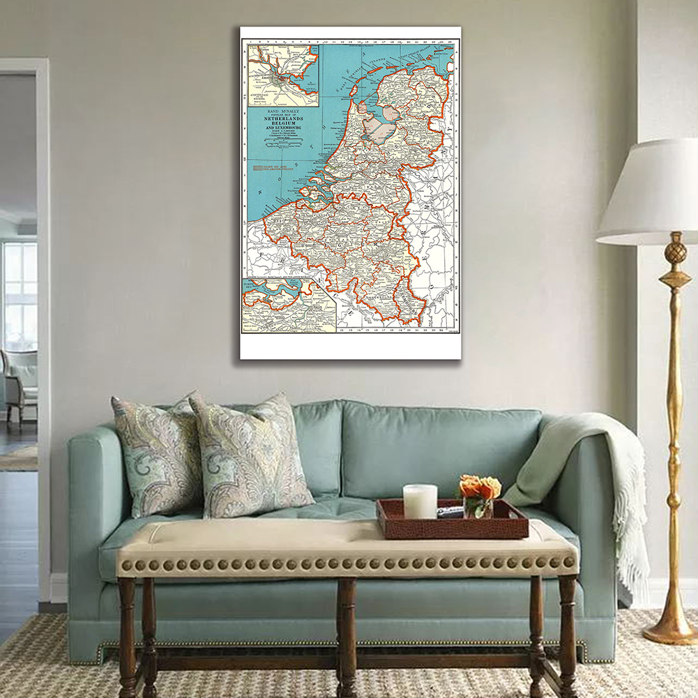 Retro Wall Art Poster, Pintura Canvas, Home Decor, material escolar, A Bélgica e Países Baixos, Mapa de 1936, 100x150cm