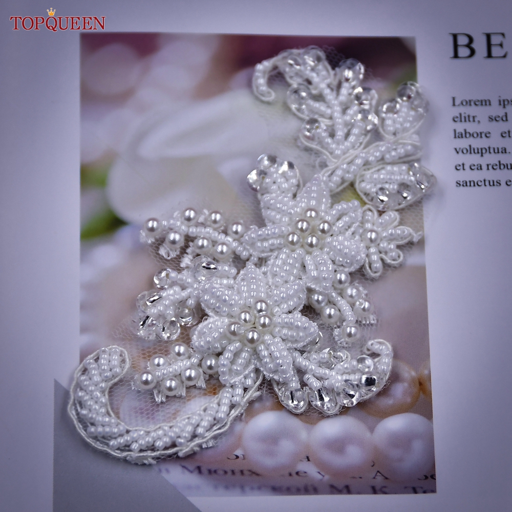 TOPQUEEN SP23 ดอกไม้ลูกปัดแพทช์เจ้าสาวลูกไม้เย็บผ้าApplique Pearl Tulle DIYชุดแต่งงานอุปกรณ์ตกแต่ง