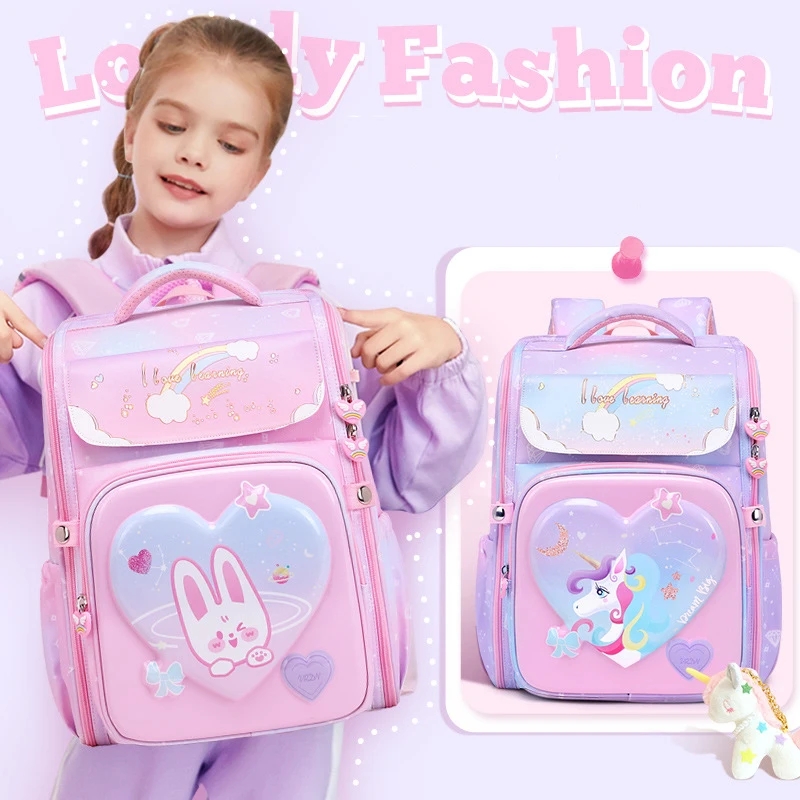 Mochila Escolar de unicornio para niñas, morral Escolar de dibujos animados en 3D, de 1 a 5 grados, con diseño de arcoíris