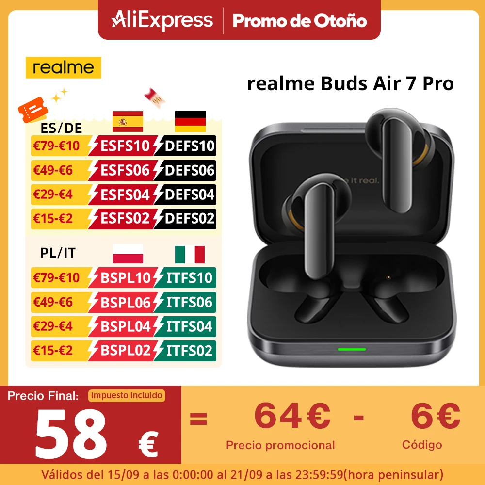 Versione globale realme Buds Air 7 Pro 53dB Cancellazione attiva del rumore Vero auricolare wireless Batteria 48 ore Cuffie Bluetooth 5.4