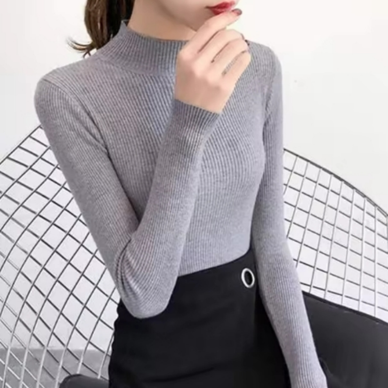 Herbst Winter Mock Neck Frauen Pullover Vintage Grundlegende Solide Strick Tops Beiläufige Dünne Pullover Koreanische Pullover Einfache Chic Jumper
