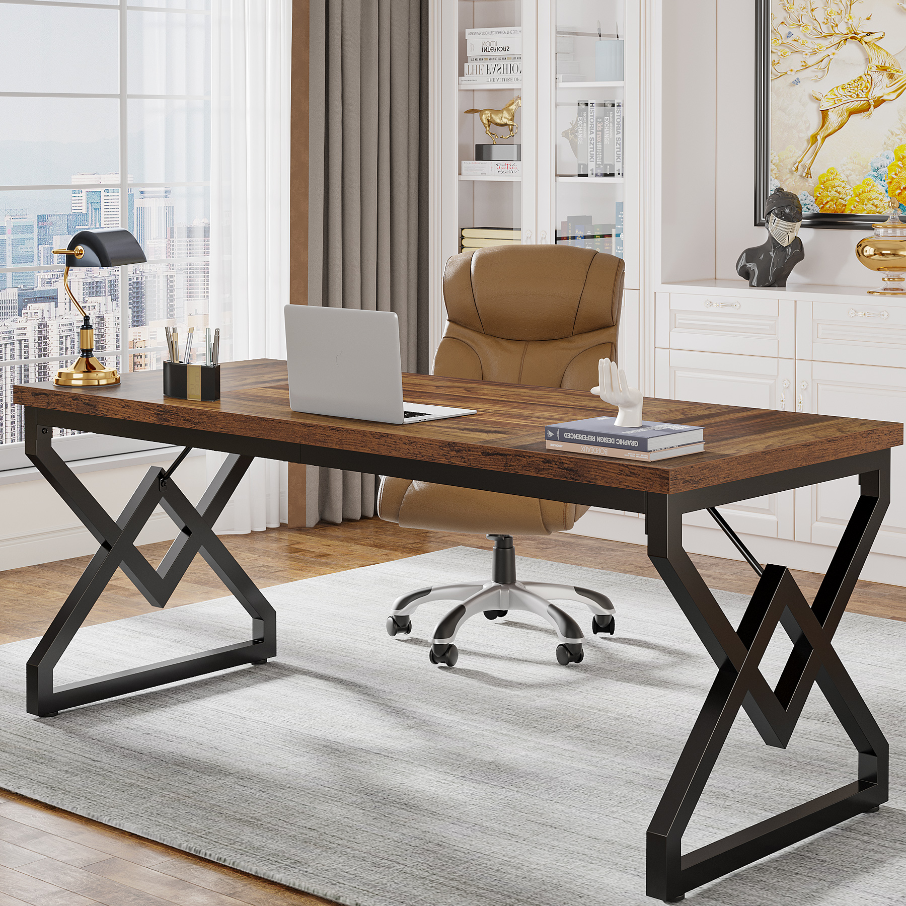 Tribesigns directiebureau, bureau met extra verdikt houten tafelblad en metalen frame, groot computerbureau van 63 inch