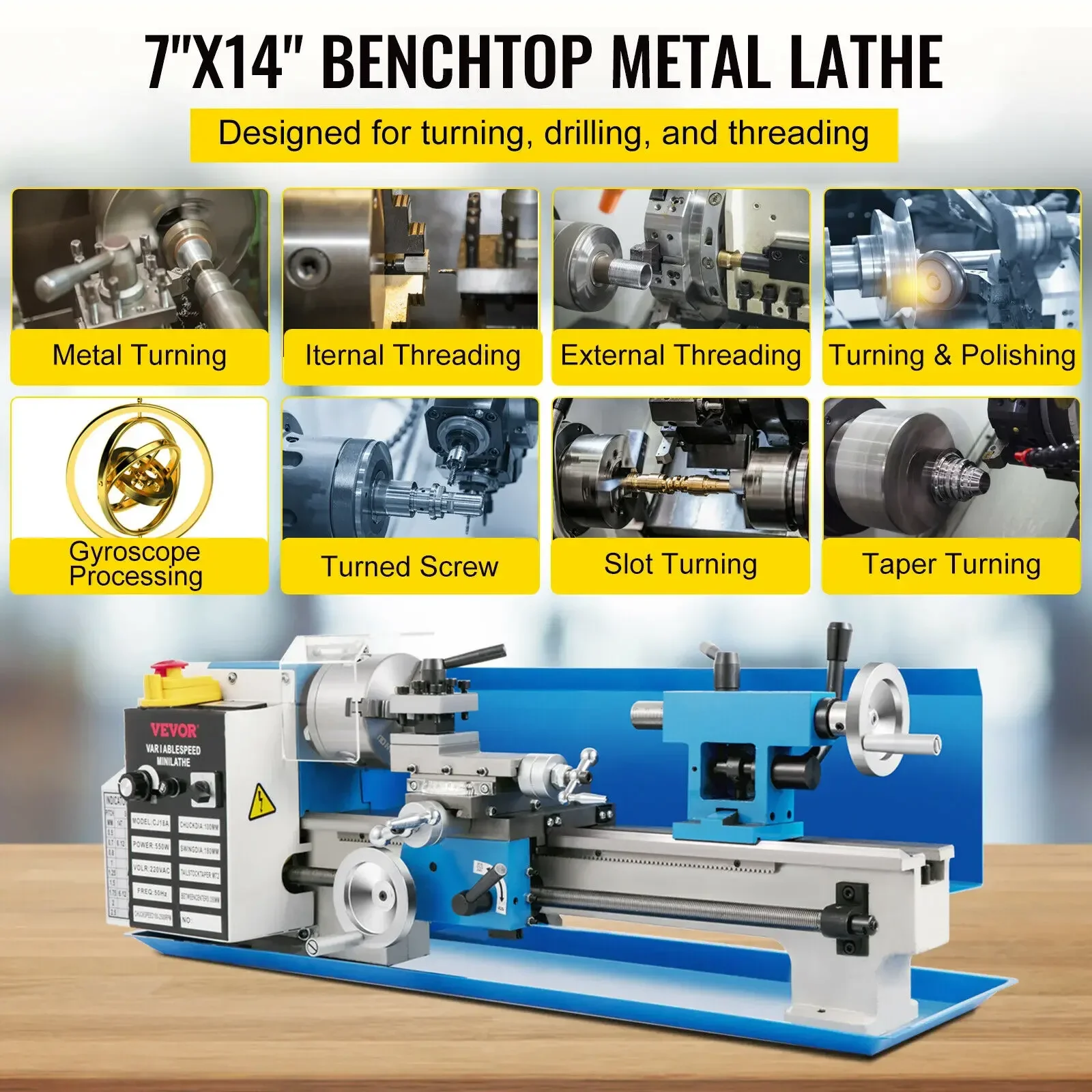 SucceBuy Mini Metal Lathe Machine 7"x14" 550W 180x350mm Variable Speed + 3 Jaw Chuck for Metalworking Turning Drilling Threading