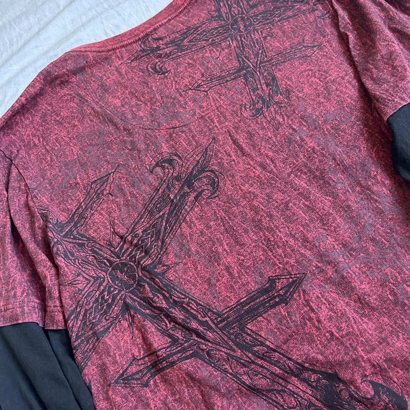 Y2K グランジエモヴィンテージ Tシャツ 2000 年代クロスサイバーゴスパッチワーク長袖 Tシャツ E-girl ゴシック原宿ルーズトップス女性男性