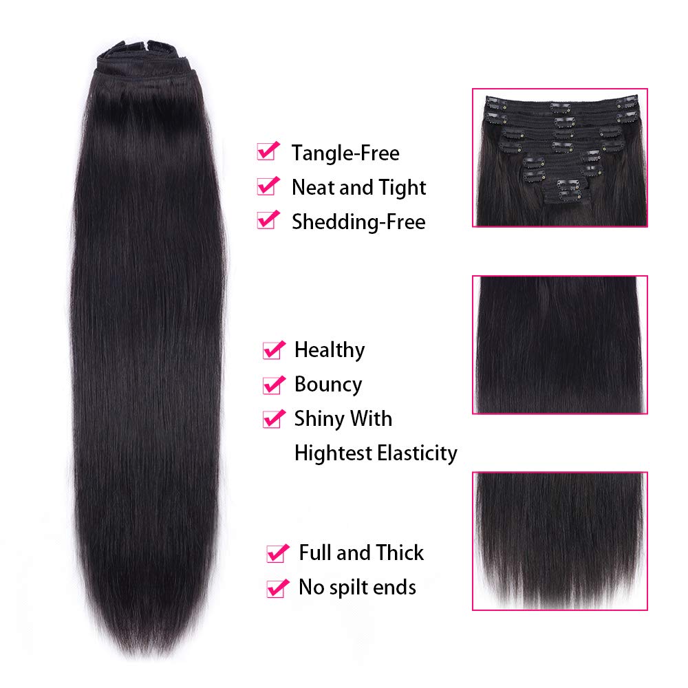 Extensions de cheveux humains vierges à clipser droites, 120g, tête complète, cheveux 100% humains, noir naturel, 8 pièces par ensemble