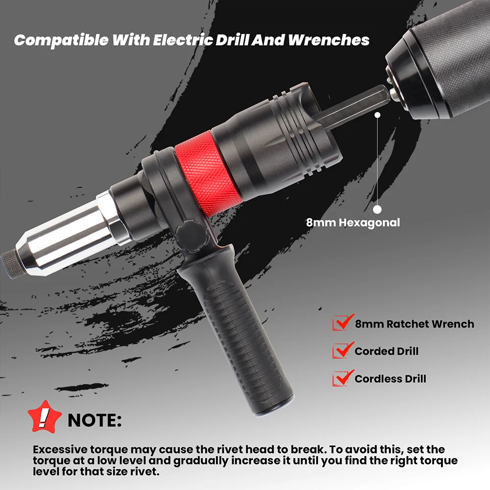 Machine à riveter, adaptateur de pistolet à riveter électrique, outil de rivetage domestique 2,4 mm-3,2 mm-4,0 mm-4,8 mm-6,4 mm avec poignée, machine à riveter multifonction sans fil, adaptée aux perceuses électriques