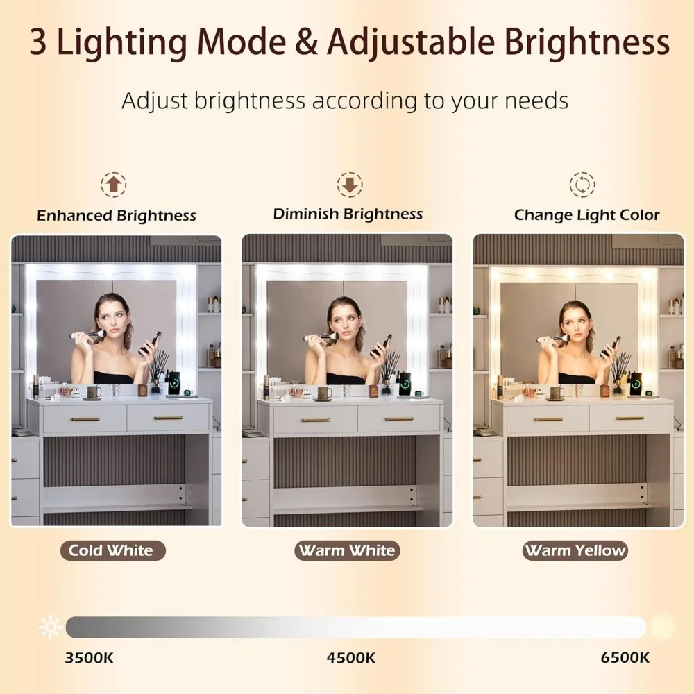 White Vanity with Mirror, Light, and Charging Station, 58.3-inch Vanity with 3 Lighting Modes, 8 Drawers, 2 Cabinets
