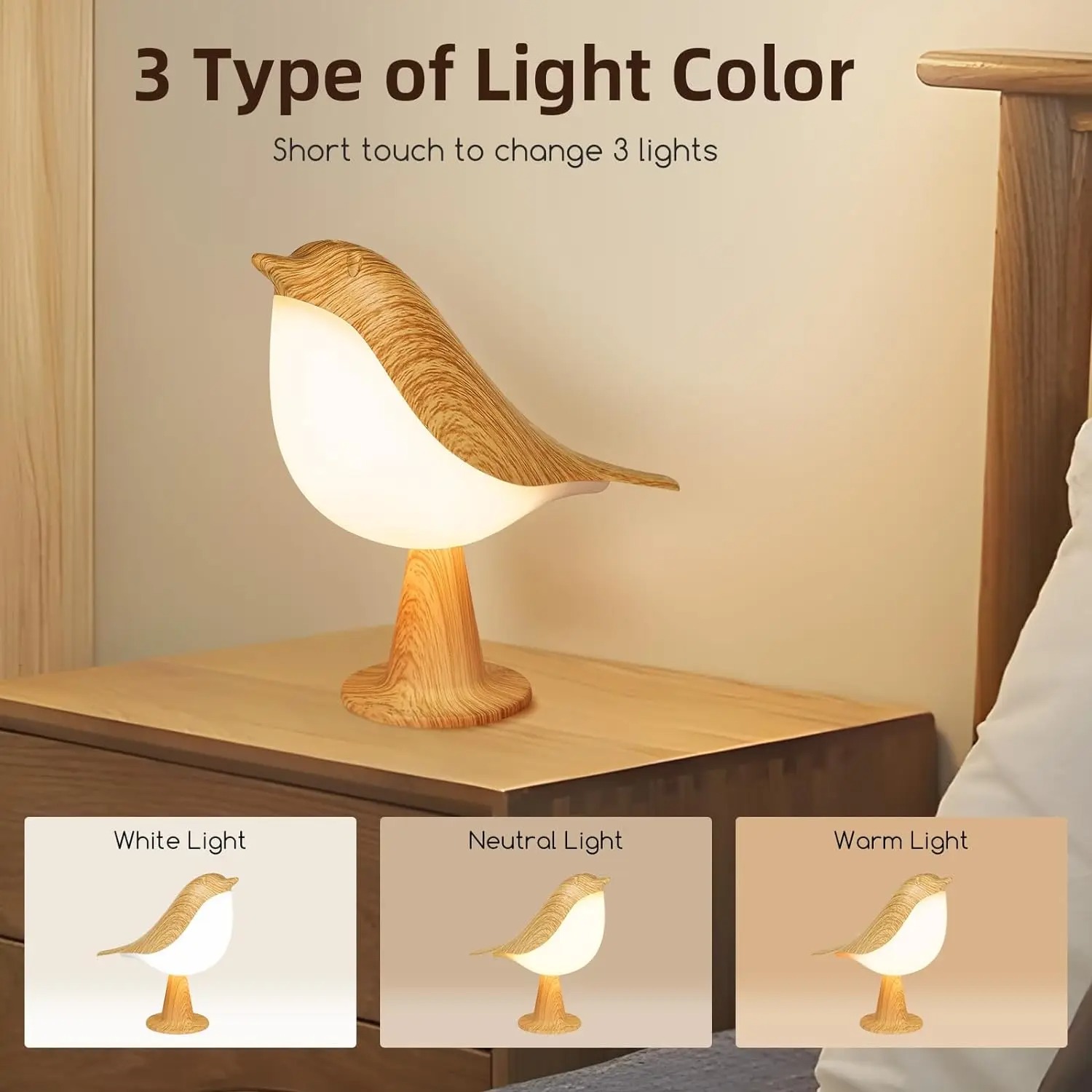 3 cores de madeira magpie pássaro luzes da noite led sensor toque controlado lâmpada carregamento regulável aromaterapia decoração atmosfera