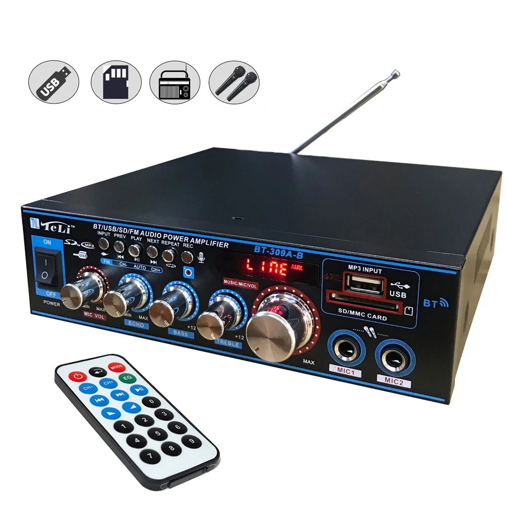 BT-309A-B Mini-Audioverstärker 35 W x 2/Bluetooth USB SD FM AUX Mikroeingang mit Echo/DC12V/AC220V Leistungsverstärker