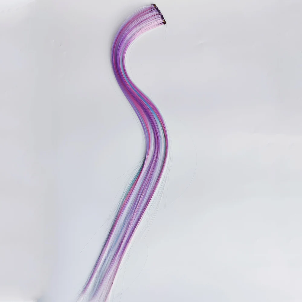 Grampo em uma peça de extensão de cabelo 6 unidades/pacote cor unicórnio arco-íris rosa azul roxo cor misturada clipe em acessórios de cabelo sintético