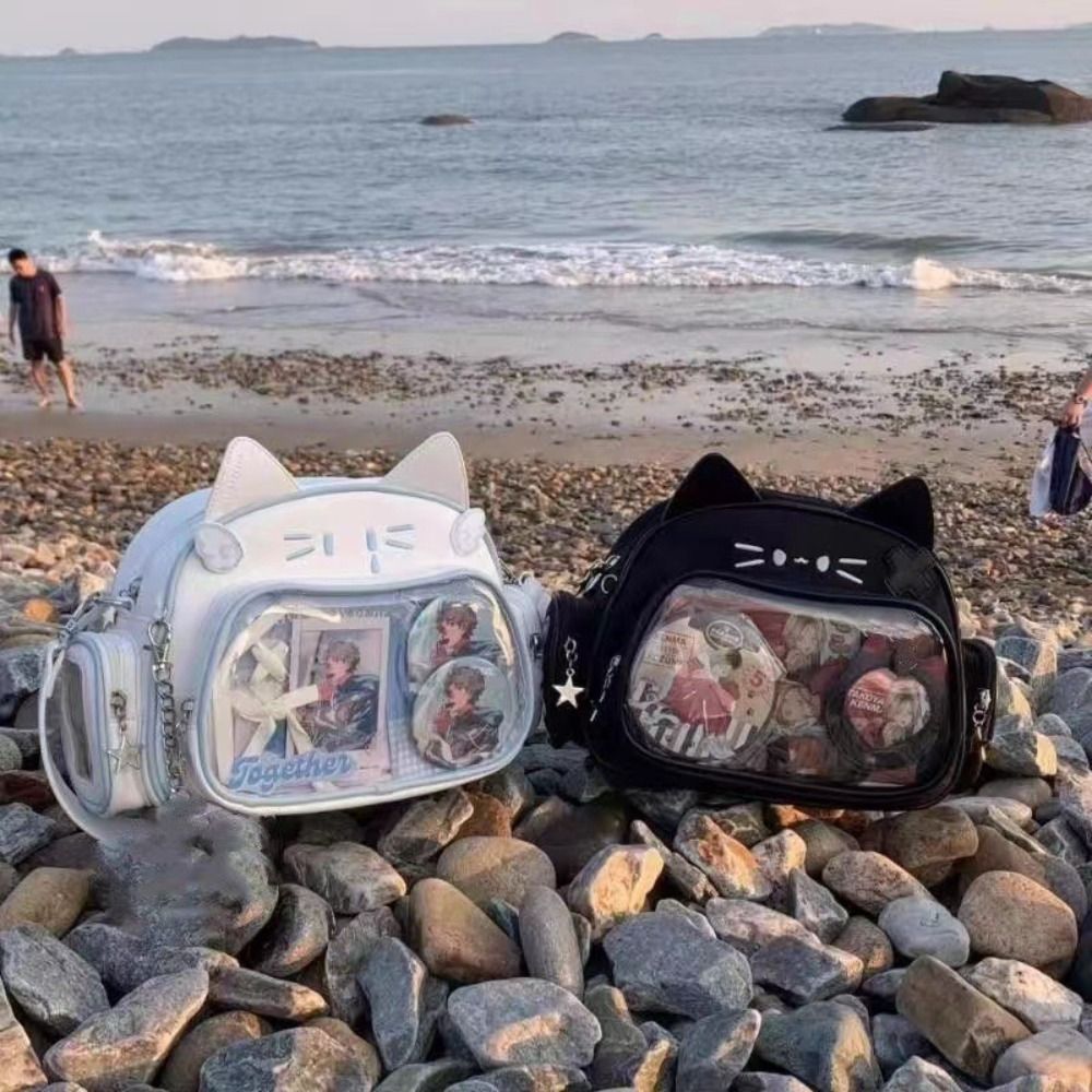 Y2K-Bolso cruzado de PU con estampado de gato Kawaii para mujer, morral de hombro con bolsillo transparente, estilo coreano, japonés, a la moda