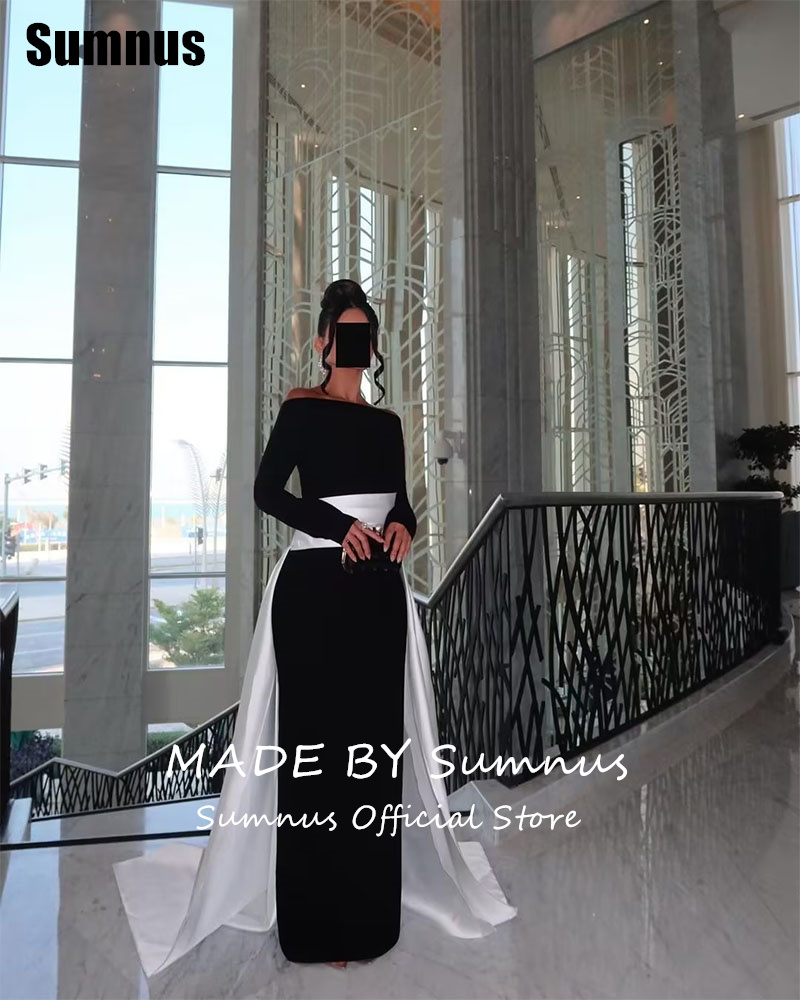 SUMNUS สีดําและสีขาวตรงชุดราตรี Elegant ปิดไหล่ชุดเดรสยาวอย่างเป็นทางการชุดรถไฟที่กําหนดเอง