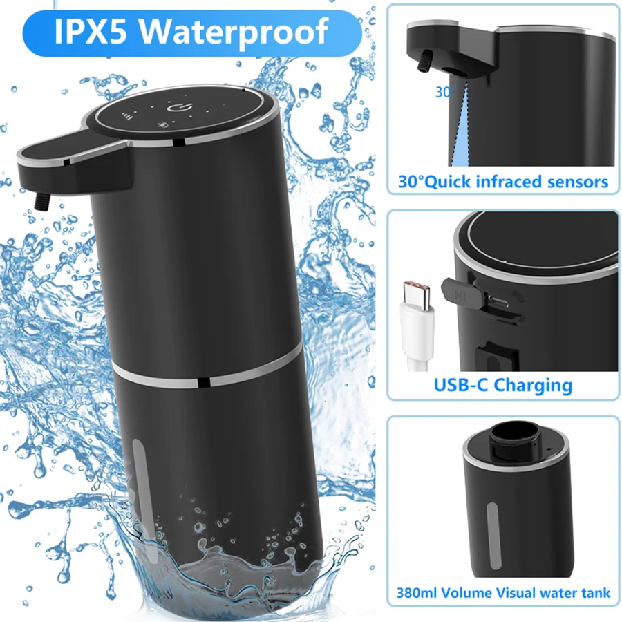 380 ml Kapazität IPX5 wasserdichte Händedesinfektionspumpe Waschmaschine 4 Stufen Smart Sensor berührungsloser elektrischer automatischer Seifenspender