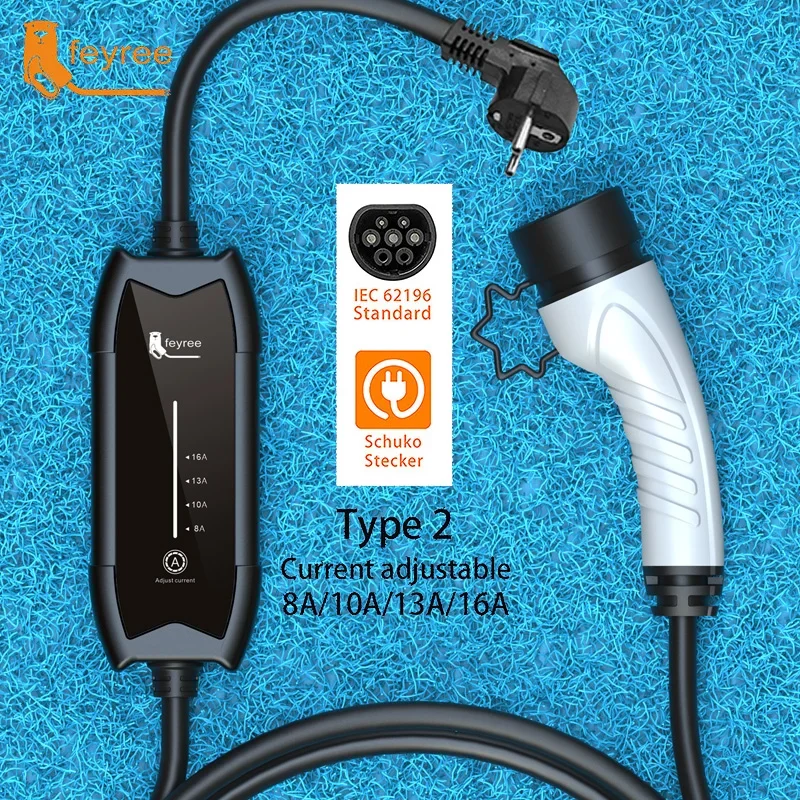 Feyree EV-oplader Type2 16A 3,5KW 1 fase GB/T / Type1 stroom verstelbare 3,5 m kabel draagbare oplaaddoos voor elektrisch voertuig