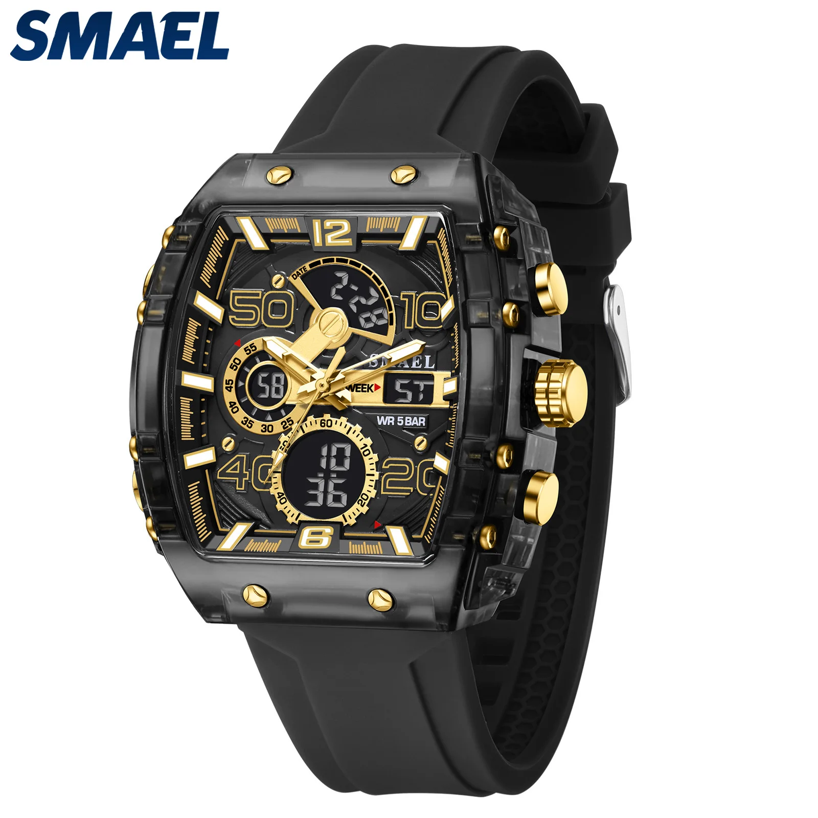 SMAEL marque 8109 nouvelle montre électronique mode carré double affichage étanche lumineux multicolore pour hommes