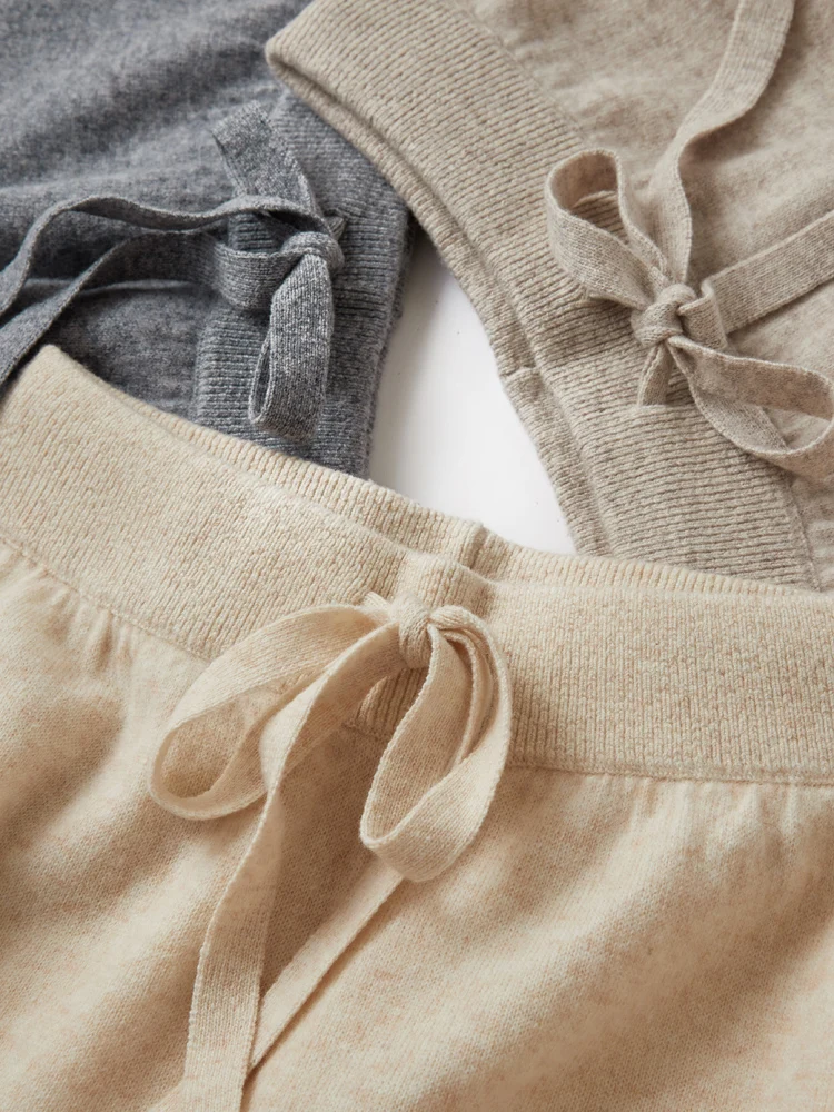 2025New Women100%Merino Wool Knitted Wide Leg Pants Autumn Winter Basic Soft Warm Cashmere Knit Trousers Casual Drawstring Style