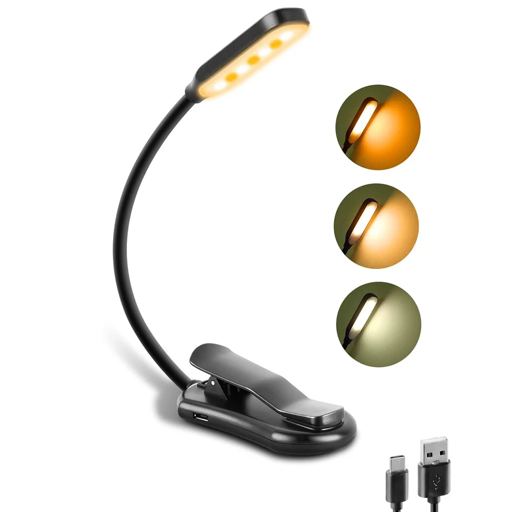 Lámpara de luz de lectura de libros recargable, luz de libro LED para leer en la cama, brillo ajustable para el cuidado de los ojos, 3 temperaturas de color
