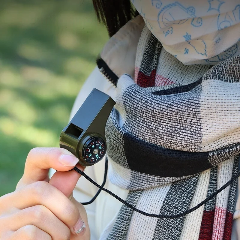 1 Stück 3-in-1-Notfall-Überlebenspfeife, Kompass, Thermometer, Schiedsrichter-Cheerleading-Pfeife, Sportzubehör