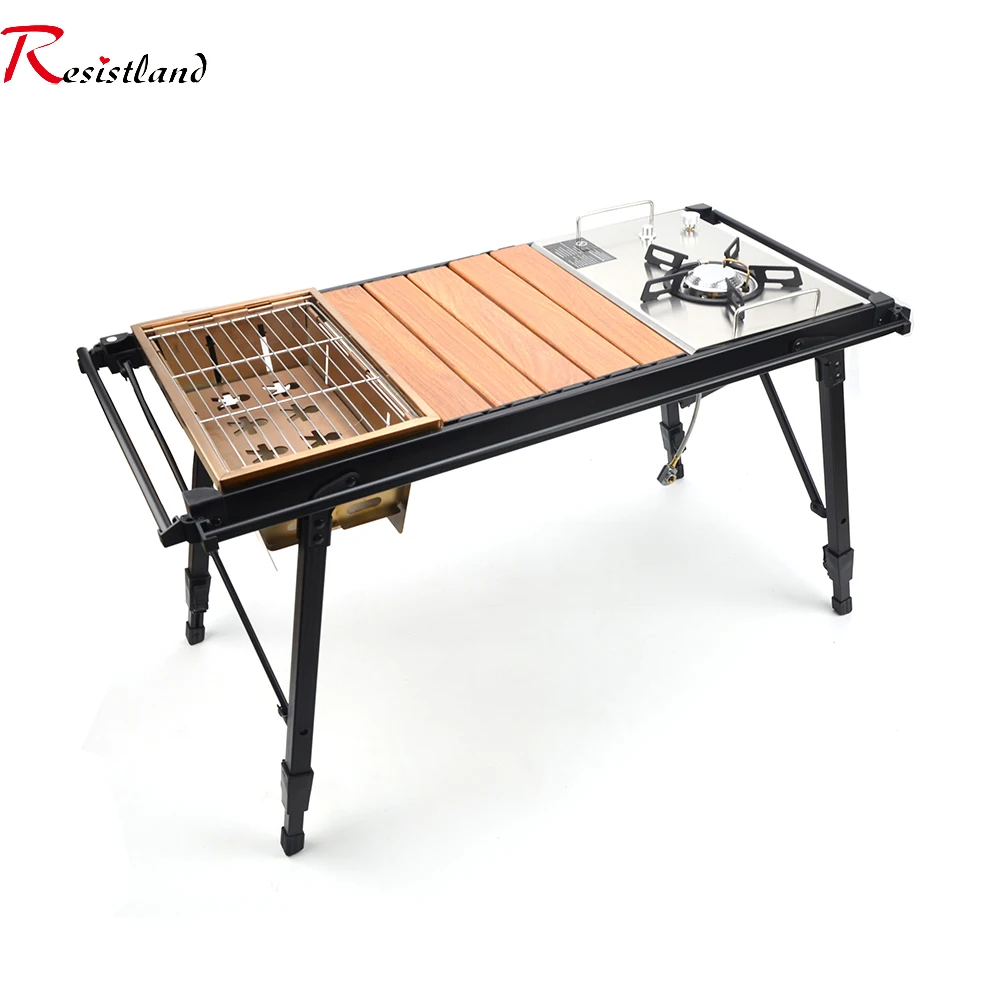 Tavolo da campeggio pieghevole rimovibile IGT in legno Fornello a gas Tavolo da campeggio leggero portatile per barbecue Tavolo da pesca per picnic all'aperto