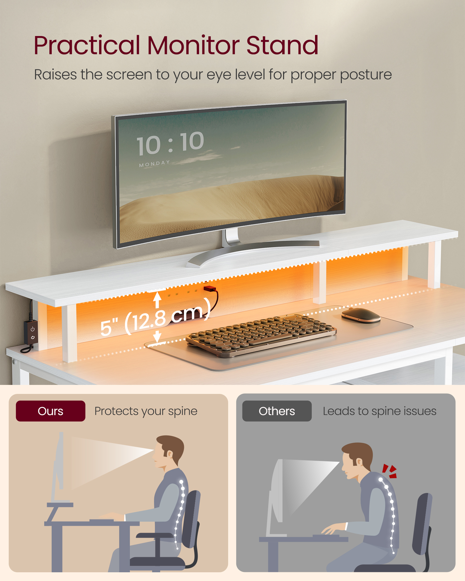 VASAGLE Computer Desk with Fabric Drawers, Study Desk, LED Lighting, 55 x 120 x 90 cm, Built-in Power Outlets, 2 USB-A Ports