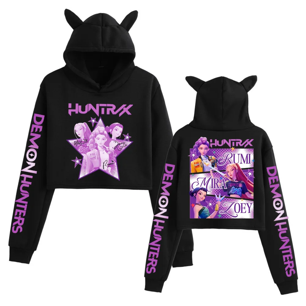 Kpop Demon Hunters Fanmerch Mira Rumi Zoey Huntrix Crop Tops Sudadera con orejas de gato Sudadera con capucha de moda para niñas de manga larga