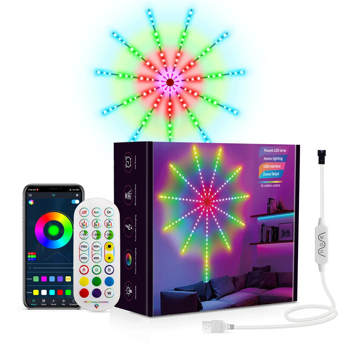 Firework Light Strip Music Sounds Sync Light App Control RGB Color Changing Smart Firework Lights LED Strip Lights for Room Home