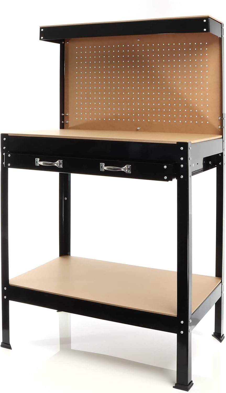 Taller 1150x550x1400mm Mesa Taller Superficie Trabajo Panel Perforado Balda Cajón Herramientas, Negro, de acero.