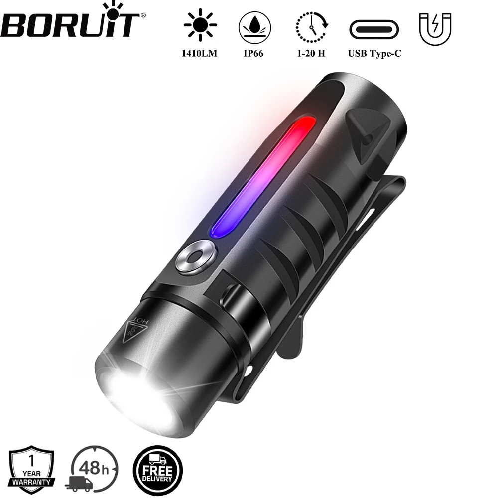 BORUiT RJ28  Keychain EDC LED Flashlight Type-C Rechargeable Mini Torch Magnet Work Light Waterproof Camping Pocket Lantern