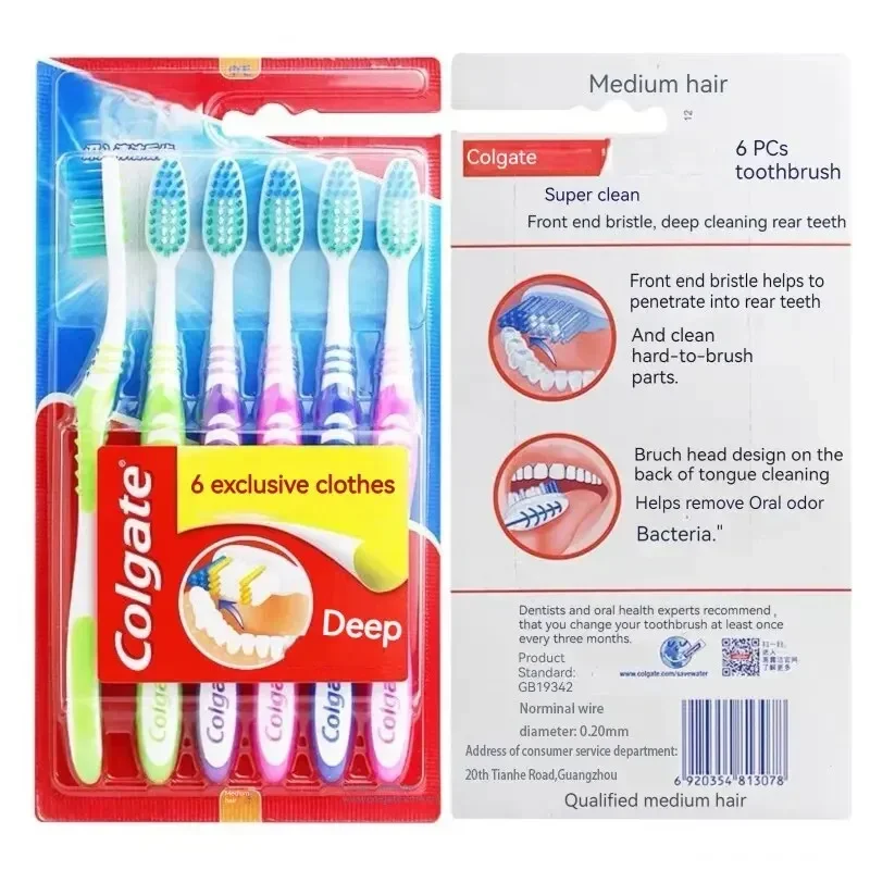 Colgate-cepillo de dientes para limpieza de dientes, 6 paquetes, familia, pareja, pelo medio fino y suave, traje de viaje para hombres y mujeres, limpieza de dientes traseros