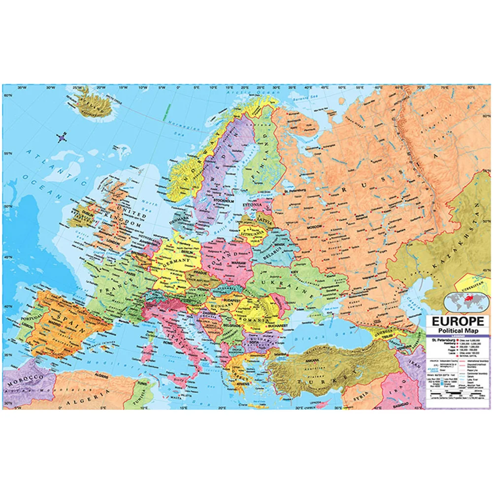 150x100cm/A1/A2 세부 정보가있는 영어로 된 유럽지도 벽 아트 포스터 그림 여행 학교 용품 교실 홈 인테리어