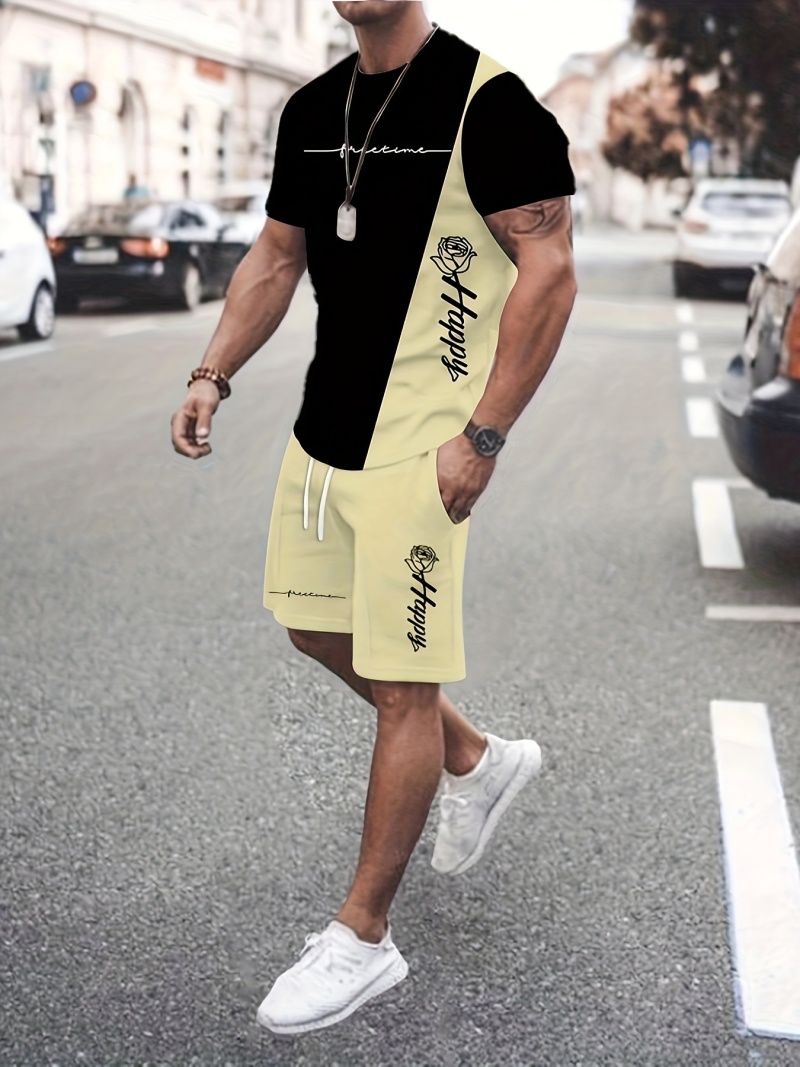 Terno masculino da moda ao ar livre simples carta rosa retalhos cor em torno do pescoço shorts de manga curta material confortável e respirável