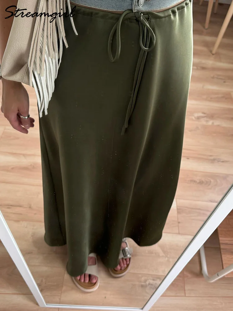 Faldas largas color champán para mujer, falda elegante de satén de lujo, faldas largas de color Beige con corte en A, color verde militar, otoño 2024