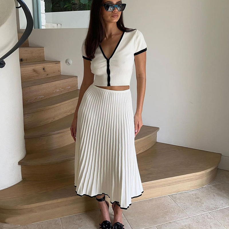 Traje de falda larga blanca para mujer, top corto de manga corta con cuello en V, conjunto plisado, vestido elegante, conjunto de falda de 2 piezas de talla grande S-3XL 2024