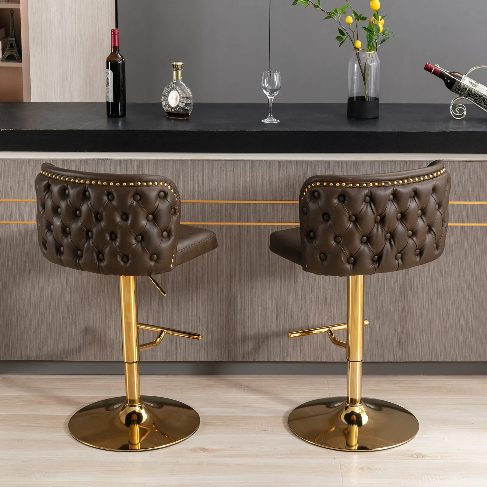 2Pcs Swivel Bar Chairs PU Upholstered Counter Bar Stools with Gold Nailheads and Base Adjustable Height For Dining Room Kitchen
