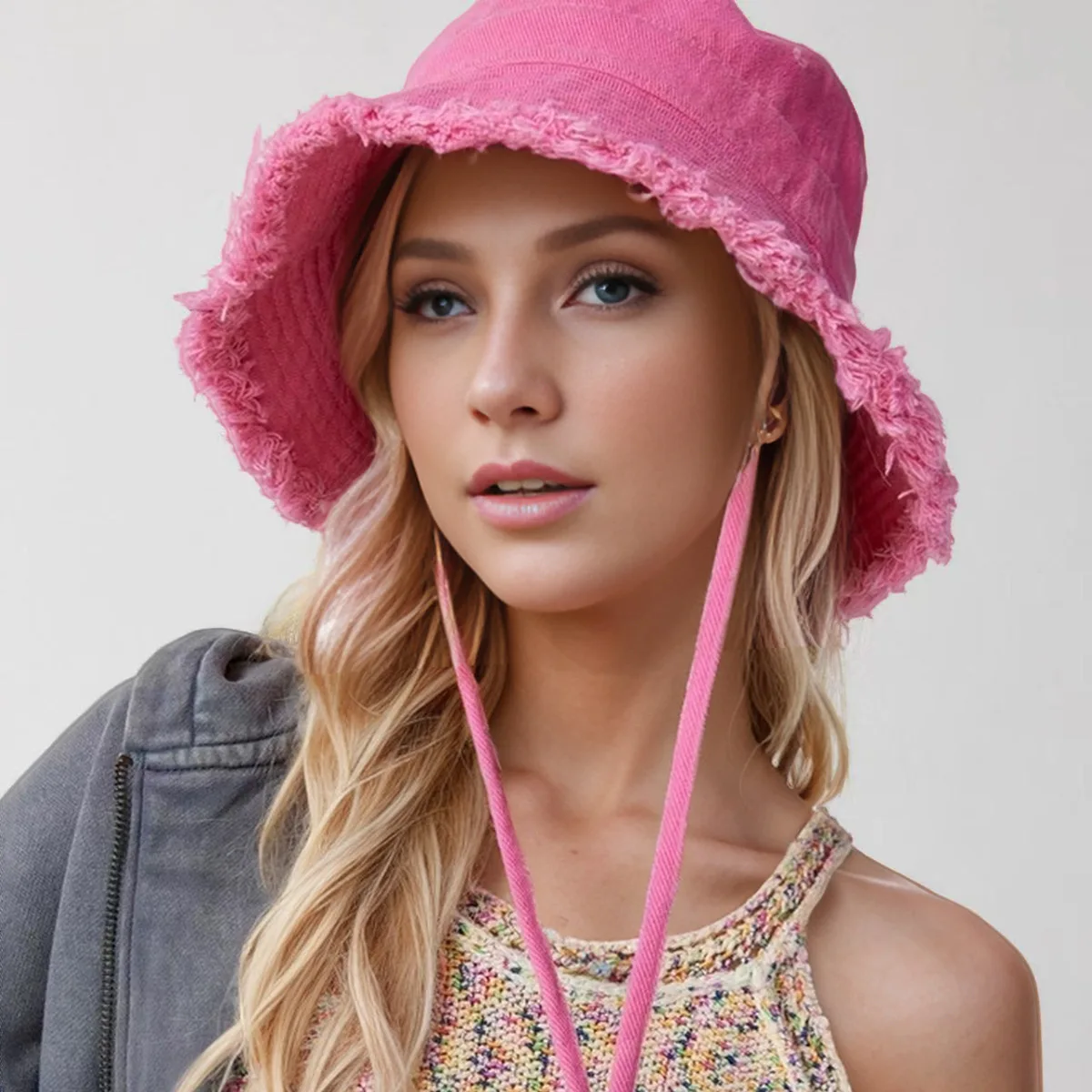 Sombrero de cubo con borde rasgado y cordón de mezclilla para mujer, sombrero para senderismo al aire libre resistente al sol, sombreros de viaje diarios ajustables y de moda