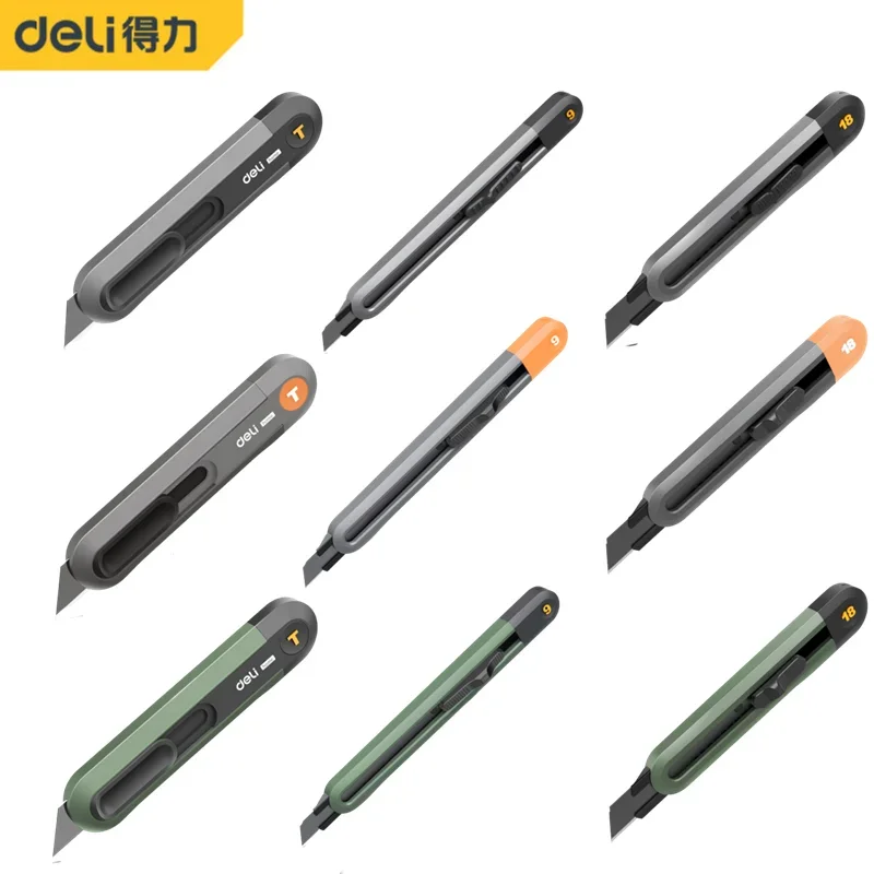 Deli คุณภาพสูงมีดยูทิลิตี้ 12 มม./9 มม./18 มม./T-shape Multi-ข้อกําหนดเหล็กคาร์บอน Courier กล่องเครื่องตัดมีดอุปกรณ์สํานักงาน