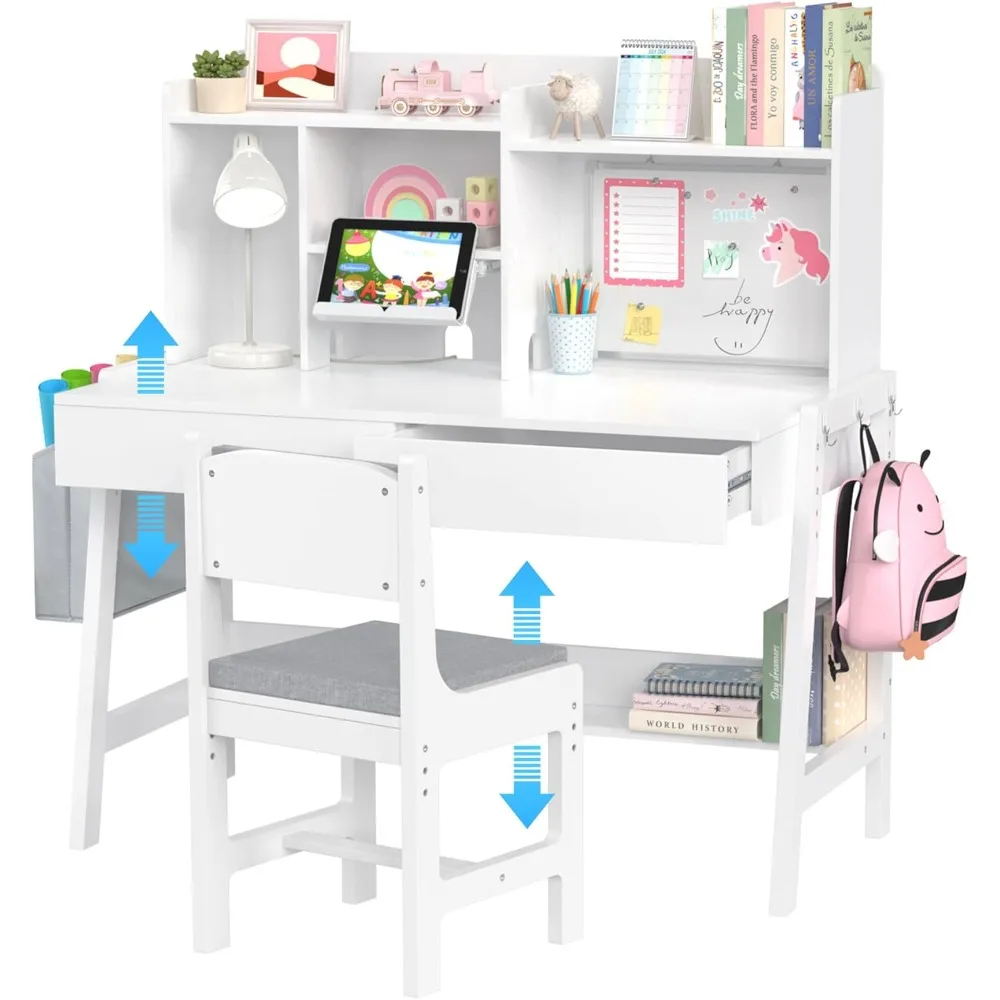 Kids Study Desk and Chair Set, Adjustable Children Study Table with Chair, Kids Wooden Study Desk with Hutch, Drawers, Book Sta
