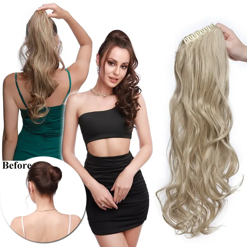 Extensions de prêle synthétiques multicolores de 24 pouces, très longues et moelleuses, ondulées, résistantes à la chaleur, pièces de bouclage pour femmes