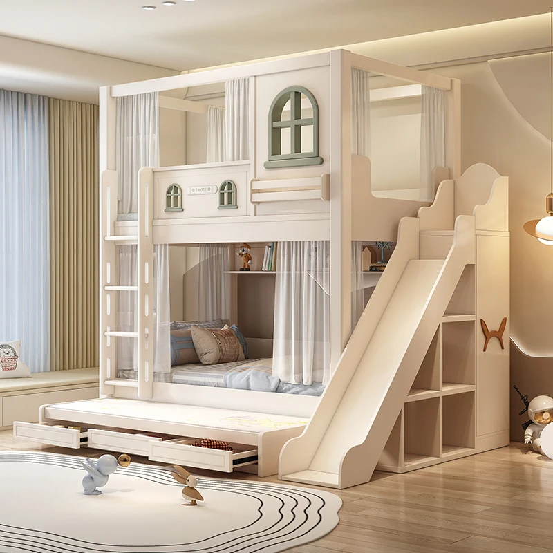 Children's bunk up and down Same width Castle bunk  High guardrail Two floors High and low bed Mother and child