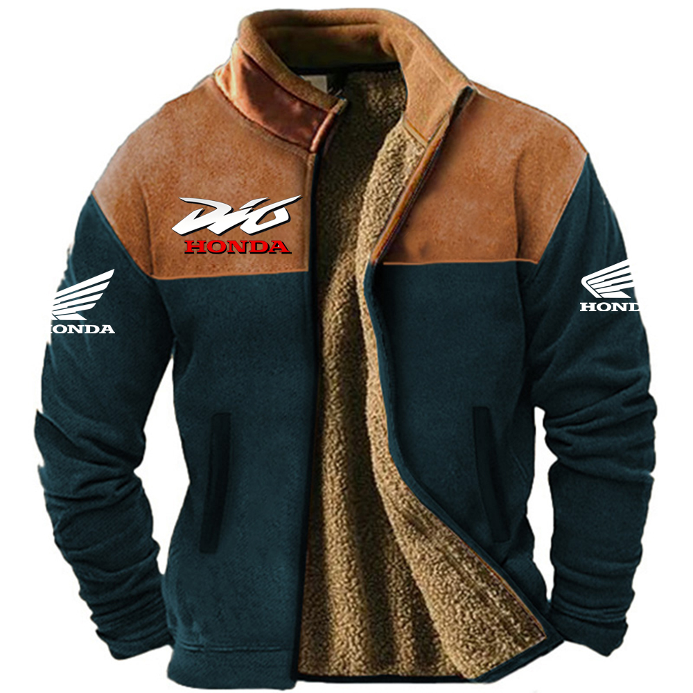 ​​Honda Ethnic Retro Style: Men's Winter Wool Jacket - Windproof Warm Riding Wear for Outdoor Motorcycle Enthusiasts