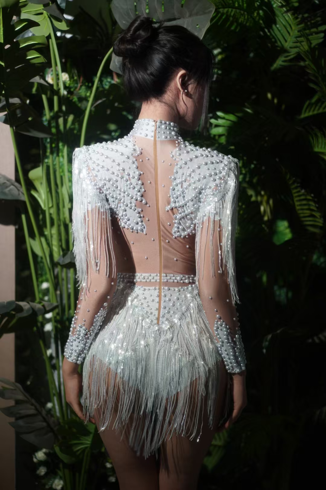 Body elástico con borlas y lentejuelas doradas y plateadas, ropa sexual para escenario de baile latino en barra, disfraz de actuación de bailarina DJSinger Q025