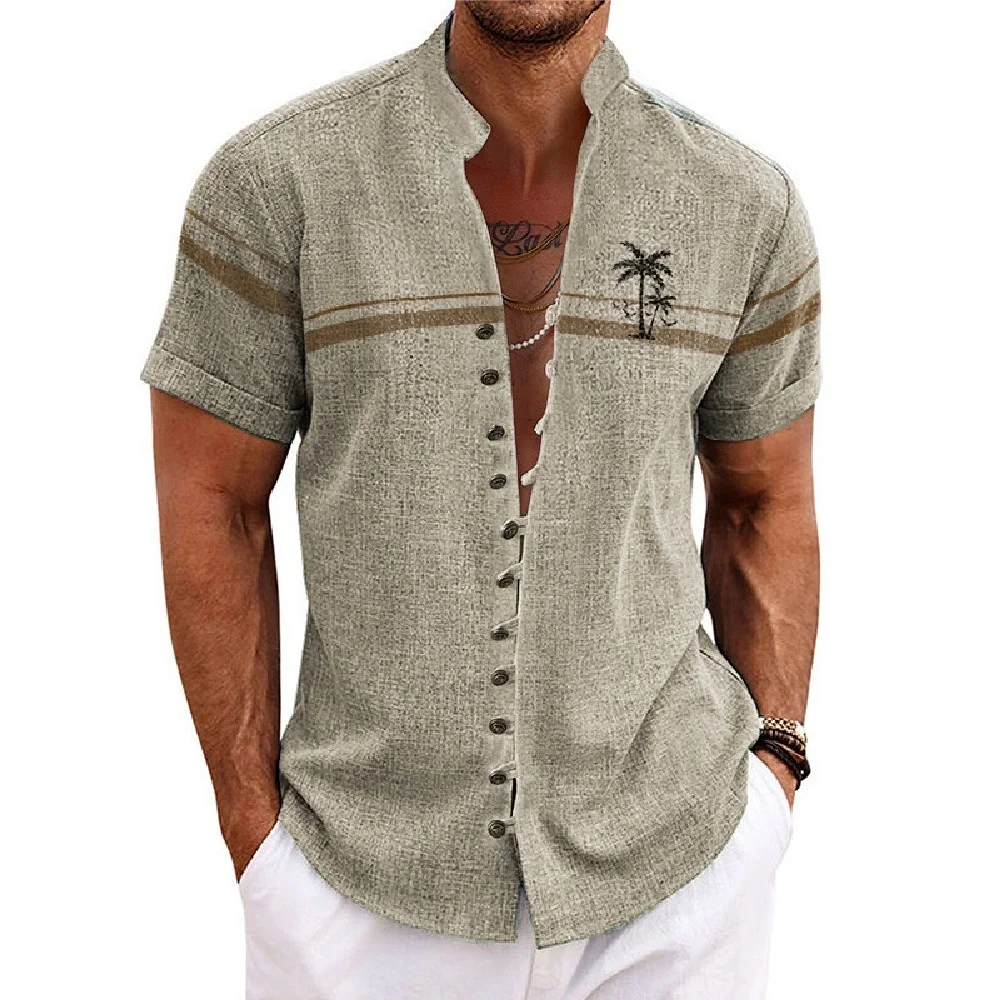 Nuova camicia da uomo a maniche corte in lino, con uno stile retrò alla moda, stampa motivo etnico, comoda e traspirante. Sh da uomo
