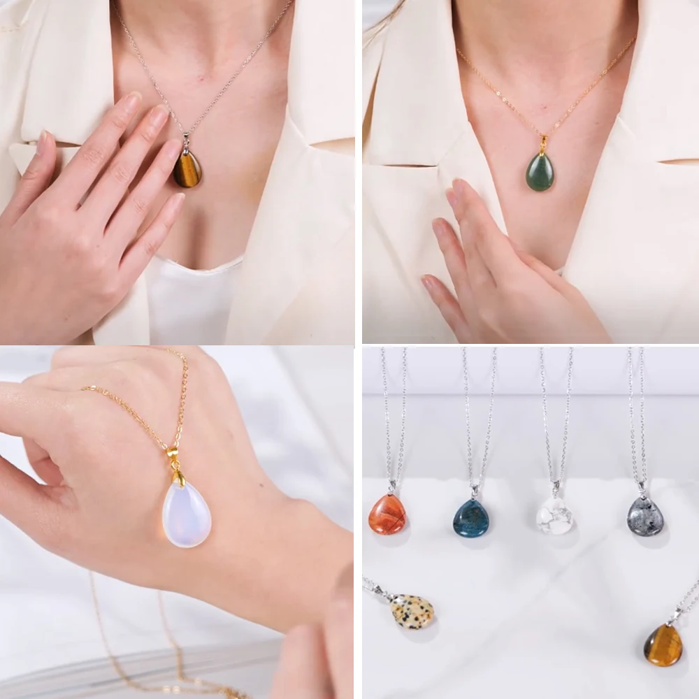 Kalung Liontin Sederhana Bentuk Tetesan Air Kristal Batu Alam Modis Untuk Wanita Aksesoris Pembuatan Kalung Anting Dengan Rantai