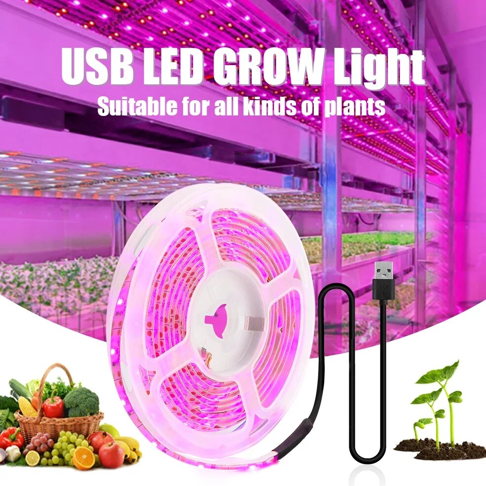 Dc 5v usb led planta cresce luzes, 1m 2m 3m espectro completo phyto lâmpada tira para plantas hidroponia estufa sistema de cultivo