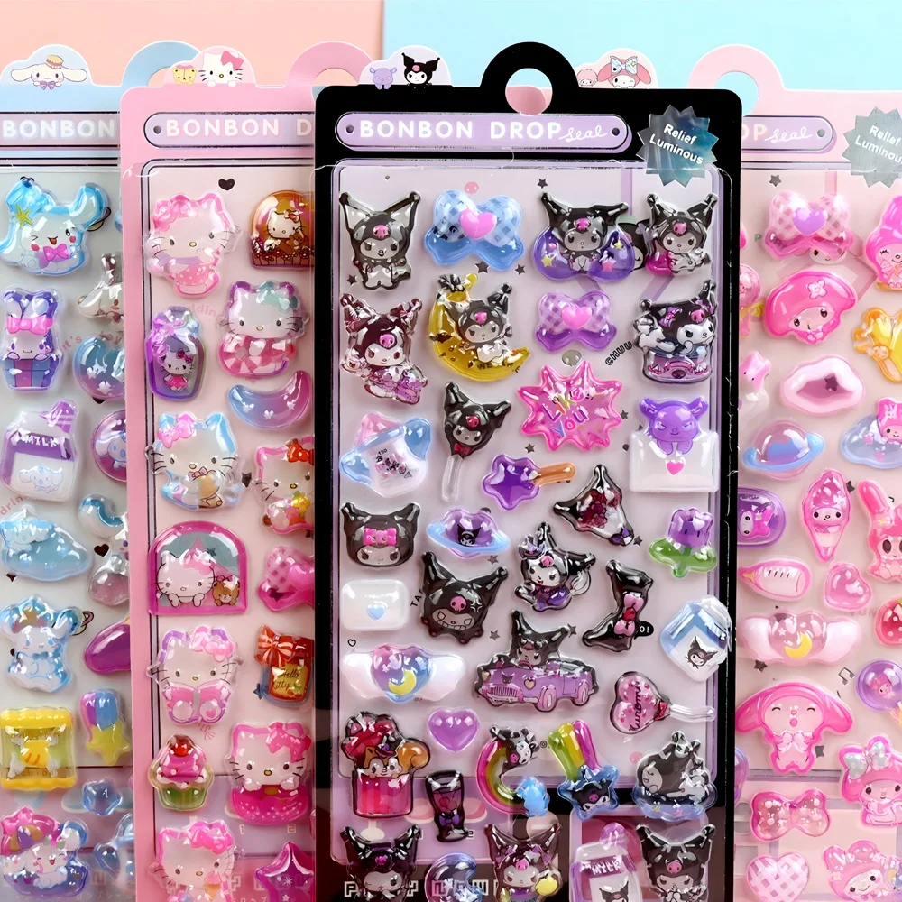 1/8 Uds. Pegatinas 3D dobles luminosas de noche de dibujos animados de Sanrio, calcomanías Kawaii Kuromi My Melody, pegatina estética para ordenador portátil, juguete para niños