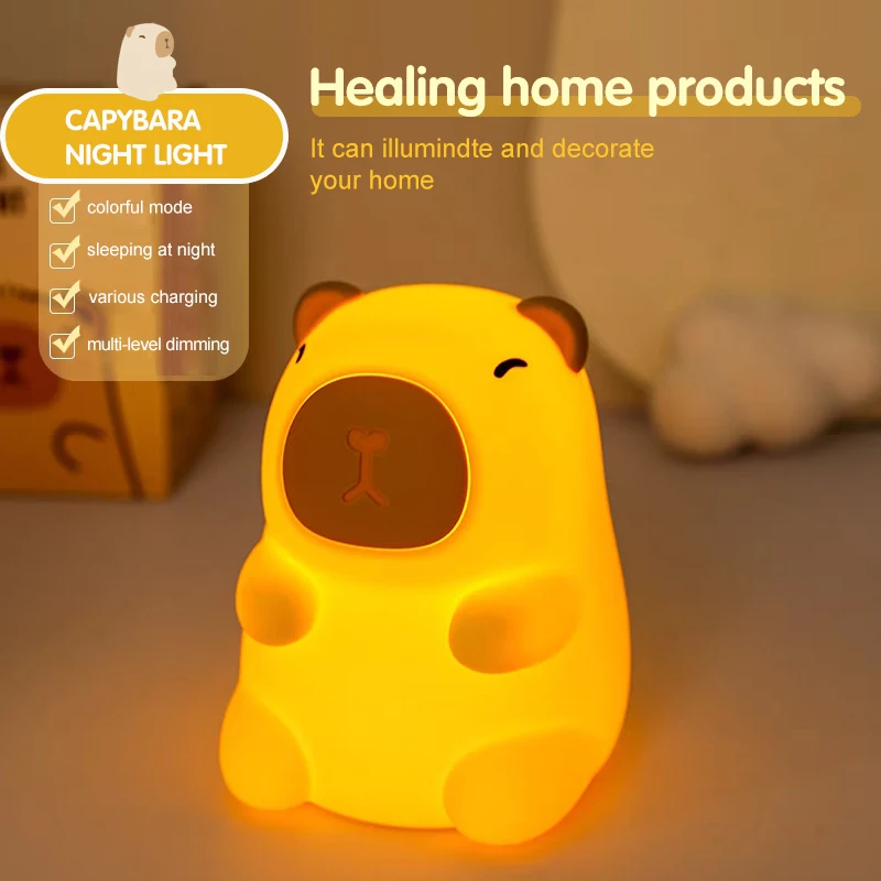 ไฟซิลิโคน Capybara น่ารักสําหรับเด็กพร้อมไฟกลางคืนขนาดเล็กของขวัญ USB ชาร์จสัตว์สัมผัสไฟนอนข้างเตียง