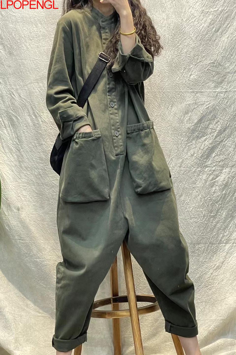 Neue frauen Einfarbig Frühling Lange Ärmel Overall Personalisierte Mode Pullover Gerade Streetwear Taschen Einteilige Hosen