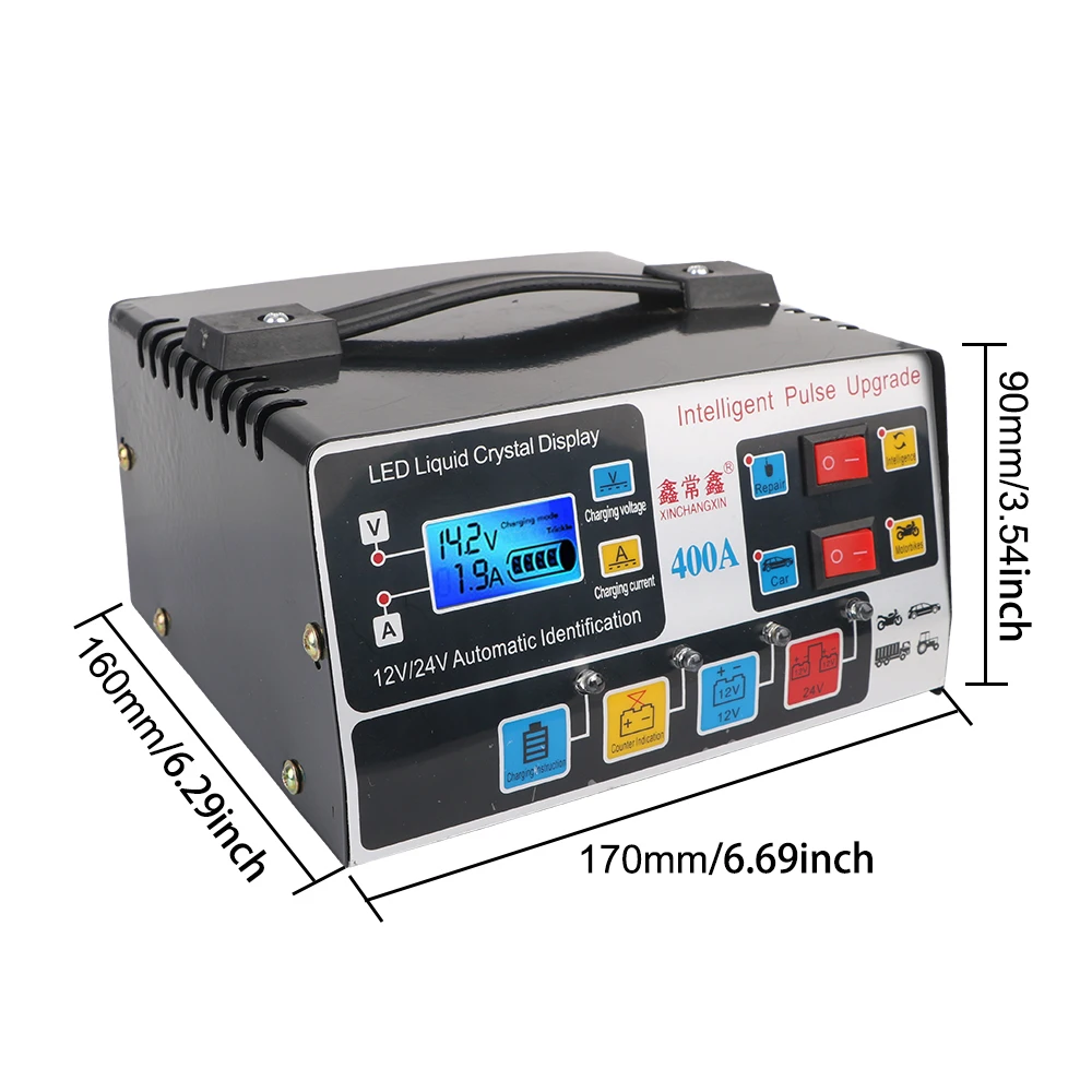 Voor Suv Vrachtwagen Boot Motorfiets Eu Plug Volautomatische 12V/24V 220W Auto Acculader Puls Reparatie High Power Lcd-Display